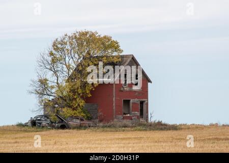 September 28th, 2020, North of Whitewood in South Eastern Saskatchewan. Abandoned homestead from the early 1900s on the Canadian Prairies Stock Photo