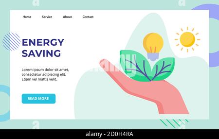 Energy saving hand hold leaf light bulb campaign for web website home homepage landing page template banner with flat style Stock Vector