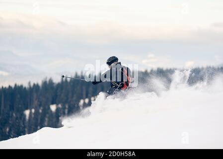 Back view of skier backpacker descending from mountain in deep white snow powder. Skier on high slope. Concept of popular winter extreme amateur sport. Mountains forest view. Grey sky on background. Stock Photo