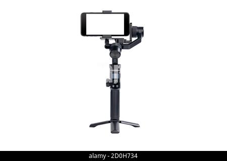 Mobile phone is mounted on a 3-axis motor stabilizer for smooth video recording isolated on white background. Stock Photo