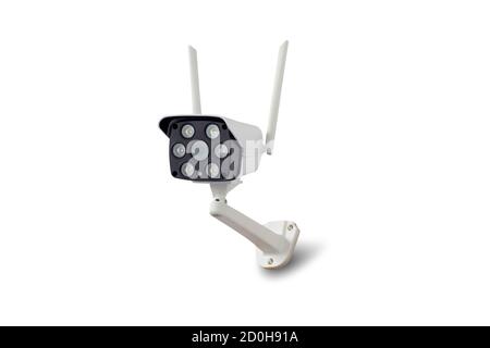Waterproof outdoors wireless CCTV camera isolated on white background. Stock Photo