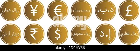 Coin icon set Dollar, Yen, Yuan, Euro, Dirham, Rupee, Pound sterling. Gold coins isolated on white background Stock Vector