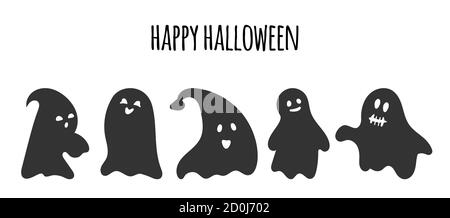 Glyph silhouette ghost set. Happy Halloween character with scary or surprised face shape. Creepy funny cute spook. Great for design postcards on holiday. October horror. Isolated vector illustration Stock Vector