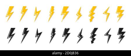 Set of black and yellow lightning bolt icon. Template flash emblem shiny shock. Electrical strike sign or energy symbol and thunder electricity. Logo voltage, power speed Isolated vector illustration Stock Vector