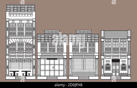 Line art of a group of historical colonial style shop houses. Stock Vector