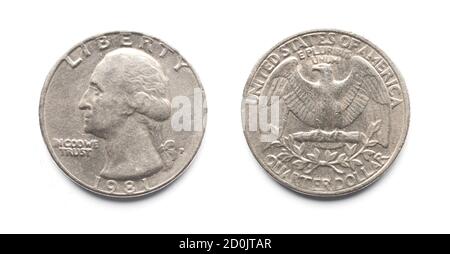 An old quarter dollar coin isolated on white background Stock Photo