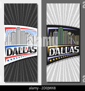 Vector layouts for Dallas, decorative leaflet with outline illustration of famous dallas city scape on day and dusk starry sky background, art design Stock Vector