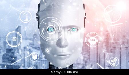 Robot humanoid face close up with graphic concept of AI thinking brain , artificial intelligence and machine learning process for the 4th fourth