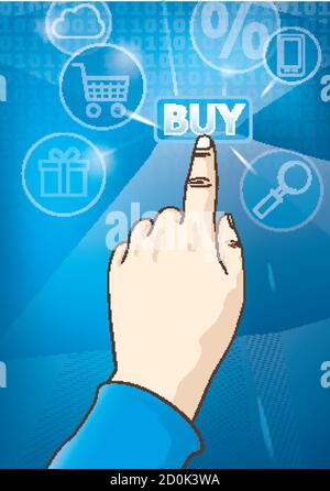 Vector illustration of a male hand touching the buy button on a touch screen. Stock Vector