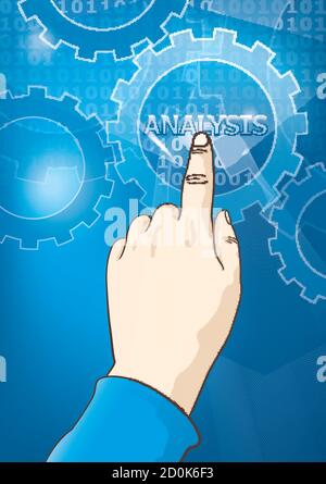 Vector illustration of a male hand touching the word analysis on a touch screen. Stock Vector