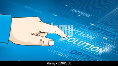Vector illustration of a man’s hand pressing solution button on a touch screen. Stock Vector