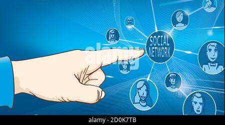 Vector illustration of a male hand touching the social network button on a touch screen. Stock Vector