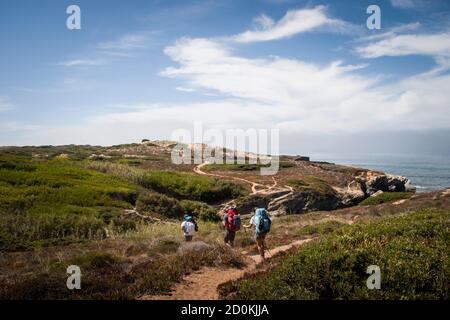 Three Hikers walk along the sand on dunes on the cliffs near the ocean shore with sea view, backpacking Stock Photo
