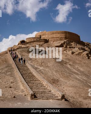 Yazd, Iran - 2019-04-11 - Stairs lead up to top of Tower of Silence where human sacrafice was once practiced. Stock Photo