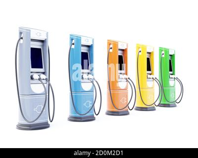 3D rendering of five EV charging stations on white background Stock Photo