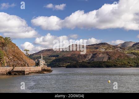 View up the Mawddach estuary from Barmouth on the welsh coast Stock Photo