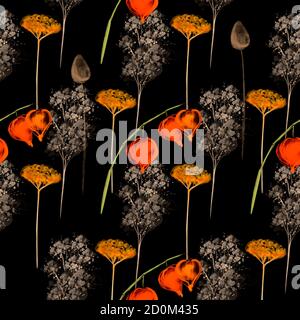 Seamless pattern watercolor illustration different spikelets and and a branch of a physalis flower on black Stock Photo