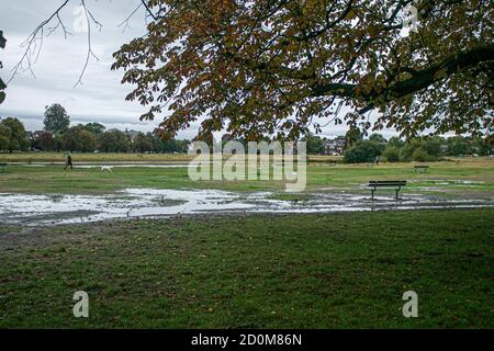 WIMBLEDON LONDON,UK 3 October 2020. Large parts of Wimbledon Common  are waterlogged following heavy overnight rain brought about by Storm Alex coming from France causing flooding and damage to many parts in Southern England.  Credit: amer ghazzal/Alamy Live News Stock Photo