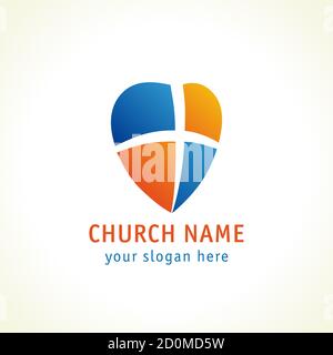Christian church vector logo. Cross, heart and shield colorful icon. Religious symbol of gods protection. Window heart branding idea. Charity service. Stock Vector