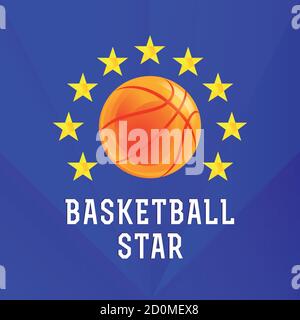 Basketball vector logo. Ball, stars, golden sign. Brand symbol of national competitions, mobile app, sport equipment shop. Creative award red icon. Stock Vector