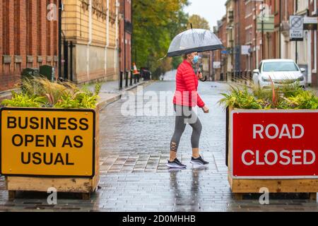 Covid road closures in Preston Lancashire.   UK Weather. 3rd October 2020. Strong winds and heavy rain are forecast for the northwest as the storm Alex continues its track across the country.  Forecasters say that homes and businesses in parts of the UK face the risk of flooding this weekend amid heavy rain. Preston in Central Lancashire is one of the areas subject to further lockdown measures after a spike in Covid 19 infections. Credit; MediaWorldImages/AlamyLiveNews Stock Photo