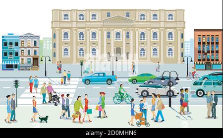 City view with town hall traffic and pedestrians at the zebra crossing Stock Vector