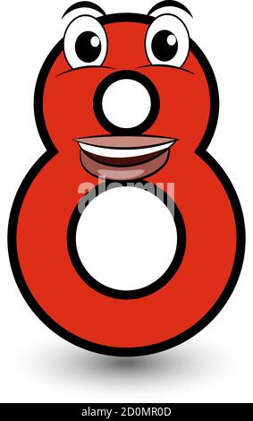 Funny hand drawn cartoon styled font colorful red number eight with smiling face vector alphabet illustration isolated on white. Good for kids learn Stock Vector