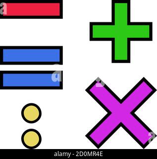 The vector set of colorful arithmetic signs add, subtract, multiply, divide, equal. Vector illustration isolated on white. Good for kids learning Stock Vector