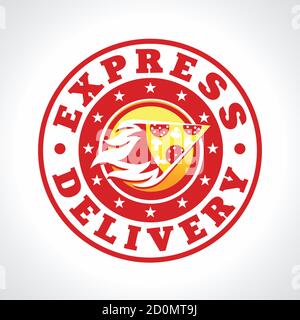 Hot pizza express delivering vector logo. Fiery piece of cake in circle fastfood brand sign. Cafe, pizzeria, restaurant, lunch bar courier service. Stock Vector