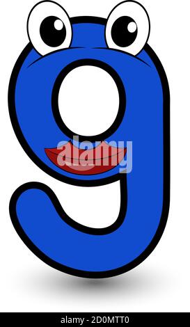 Funny hand drawn cartoon styled font colorful blue number nine with smiling face vector alphabet illustration isolated on white. Good for kids learnin Stock Vector