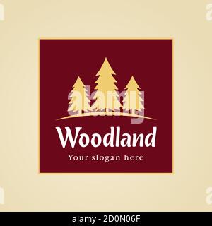 Wood land vector logo. Landscaping business company, garden service, real estate icon. National park, cottage town. Three fir-trees on hill. Cut out. Stock Vector