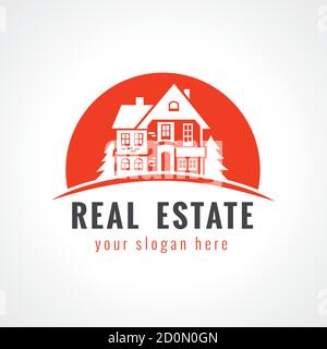 Real estate vector logo. House in sunset. Sign for estate agency, building, lease house, insurance, investment, landscape design business or architect Stock Vector