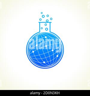 Medical lab logo. Blue water globe in laboratory flask. Vector sign of tests and science research. Isolated abstract graphic design template. Creative Stock Vector