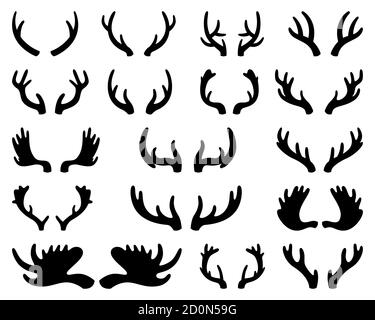Silhouette of deer and elk antlers. Horns. Vector illustration on white isolated background Stock Vector
