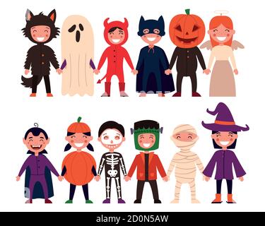 Set of children. Halloween, children's party, or kids in a Halloween costume. Vector illustration on white isolated background Stock Vector