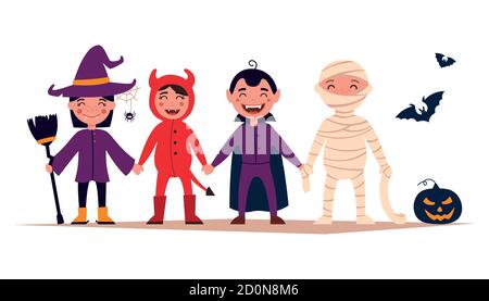Happy Halloween. Set of cute cartoon kids in colorful Halloween costumes: witches, dragula, mummy, devil. Set of cartoon icons for kids Halloween Stock Vector