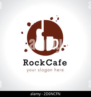 Rock cafe branding logo. Grunge guitar - coffee cup in circle. Music vector round sign. Beverage drops splash or brush stroke shape imitations. Art Stock Vector