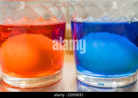 glasses with eggs in multicolored coloring water, close-up. Stock Photo