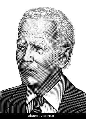 Joe Biden. Engraved portrait of Democratic presidential candidate for 2020 election. American politician, the rival to Donald Trump. Vector etching. Stock Vector