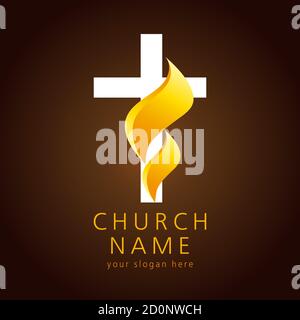 Shining fiery cross. Religious vector christian church logo. Crucifix lighting icon gold colored. Isolated abstract graphic design template Stock Vector