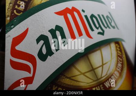 Viersen, Germany - July 9. 2020: Macro close up of San Miguel spanish beer bottle label (selective focus on letter n left) Stock Photo