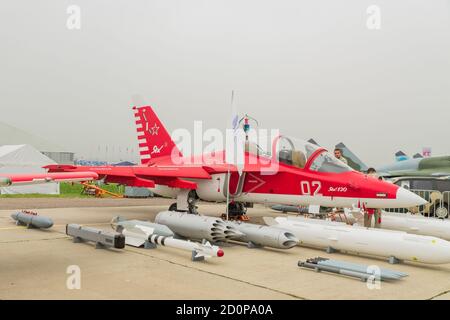 ZHUKOVSKY, MOSCOW REGION, RUSSIA - AUGUST 31, 2019: Russian combat training aircraft of the new generation Yak-130  at the International Aviation and Stock Photo