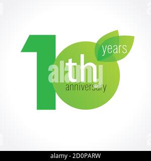 10 years old celebrating green leaves logo. Anniversary year of 10 th vector template. Birthday greetings celebrates. Environmental protection natural Stock Vector