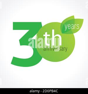 30 years old celebrating green leaves logo. Anniversary year of 30 th vector template. Birthday greetings celebrates. Environmental protection natural Stock Vector