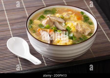 Japanese hot Rice Soup Zosui with chicken, egg and vegetables close-up in a bowl on the table. Horizontal Stock Photo