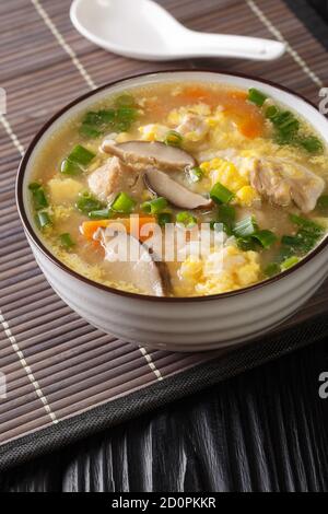 Japanese Zosui rice soup with egg, mushrooms, vegetables and chicken meat close-up in a bowl on the table. vertical Stock Photo