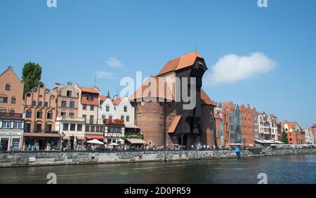 GDAŃSK / POLAND - 28 JULY 2018: Panorama of Old Town with Old harbour crane, city gate  and Motlawa River. Gdansk, Poland Stock Photo