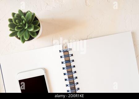 Top view of workspace. open notepad, white smartphone, pen and succulent in a pot on white concrete background. Freelance and blogging concept Stock Photo