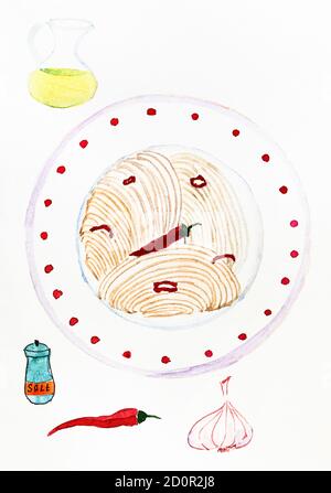 top view of Spaghetti aglio olio e peperoncino (Spaghetti with garlic, oil and chilli pepper) on plate hand-drawn by watercolors on white paper Stock Photo