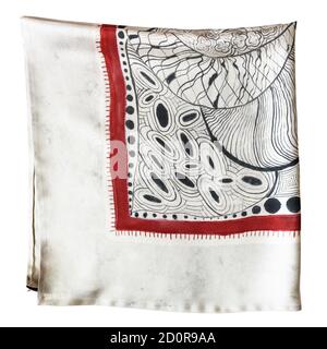 folded gray silk scarf with hand-drawn abstract picture isolated on white background Stock Photo